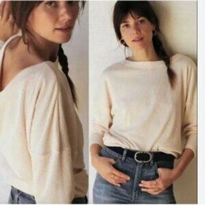 ANTHROPOLOGIE MAEVE KASI BEIGE RIBBED DROP SHOULDER COWL BACK PULLOVER TOP - XS